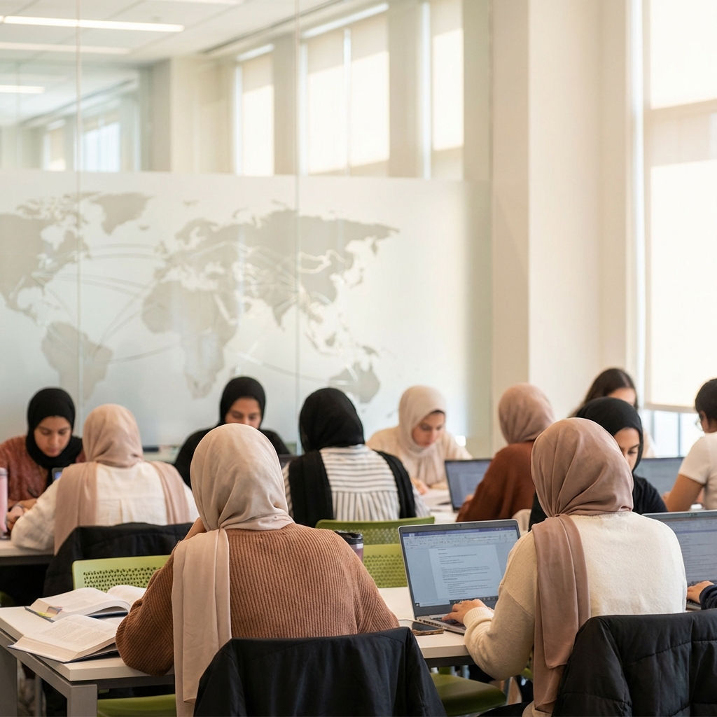 Afghan students learning English with global opportunities theme